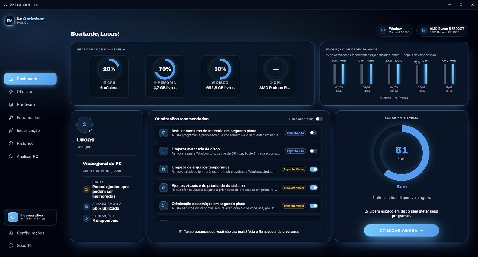 Tela real do painel do Lc Optimizer com métricas do sistema e otimizações recomendadas
