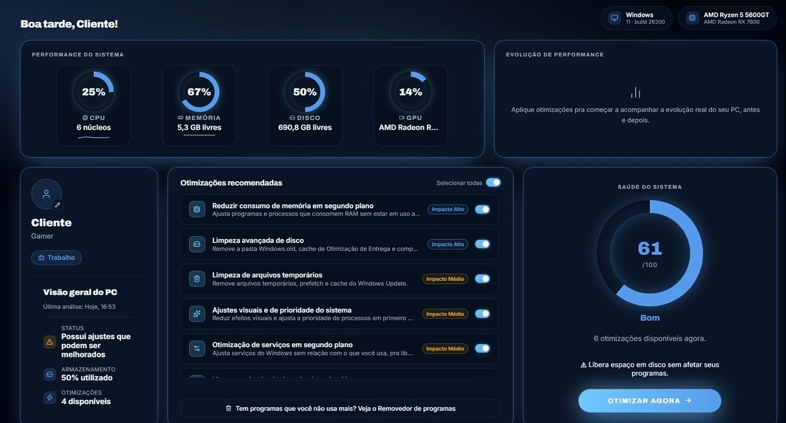 Painel do Lc Optimizer após aplicar as otimizações recomendadas