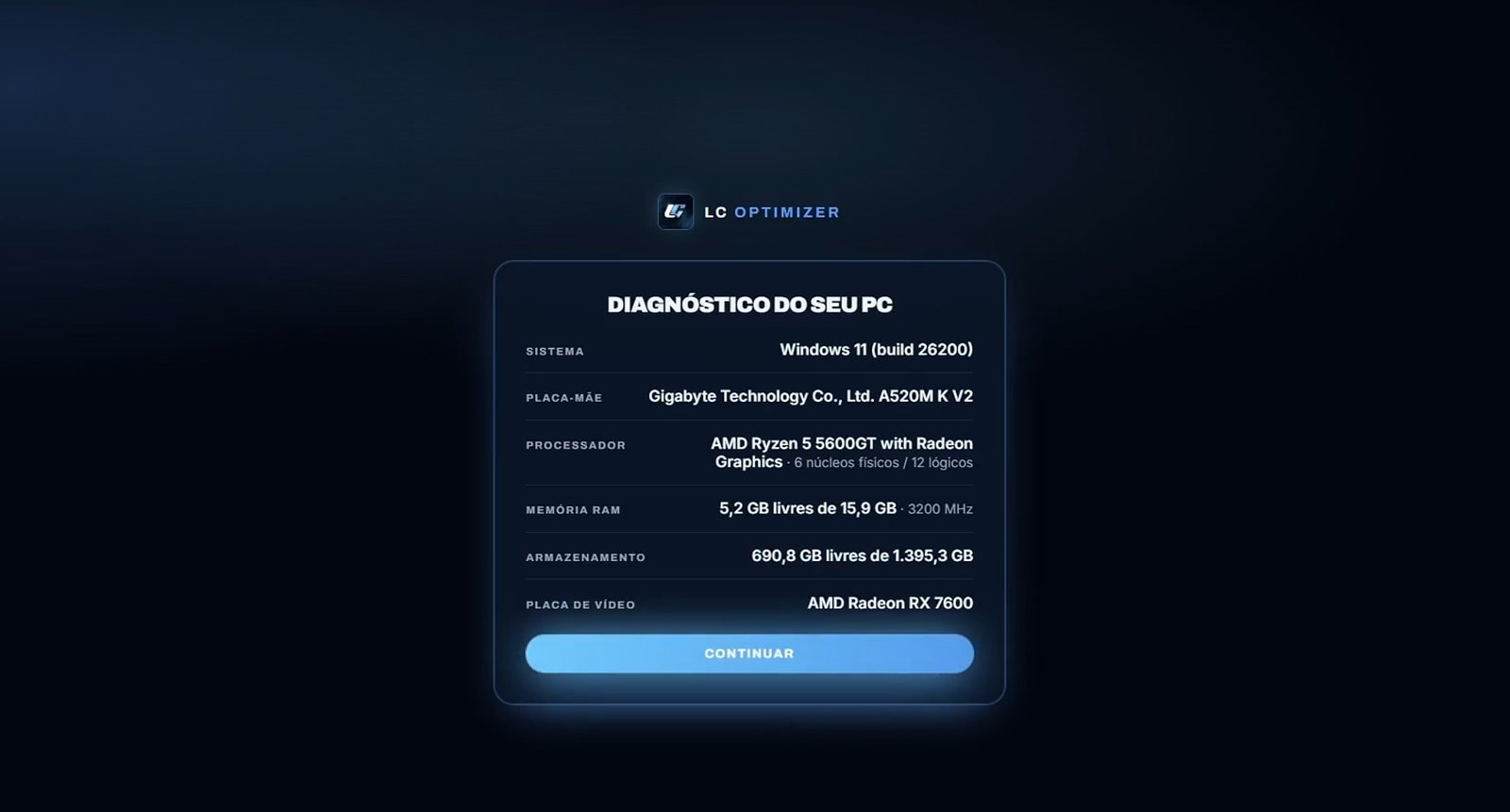 Diagnóstico completo do PC com sistema, placa-mãe, processador e memória